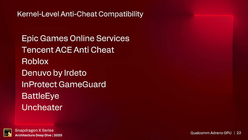 Arm対応のアンチチートツールをリリースしたゲームパブリッシャー(出典: Snapdragon X Series_Architecture Deep Dive 2025_Day 1_Qualcomm Adreno GPU、Qualcomm)