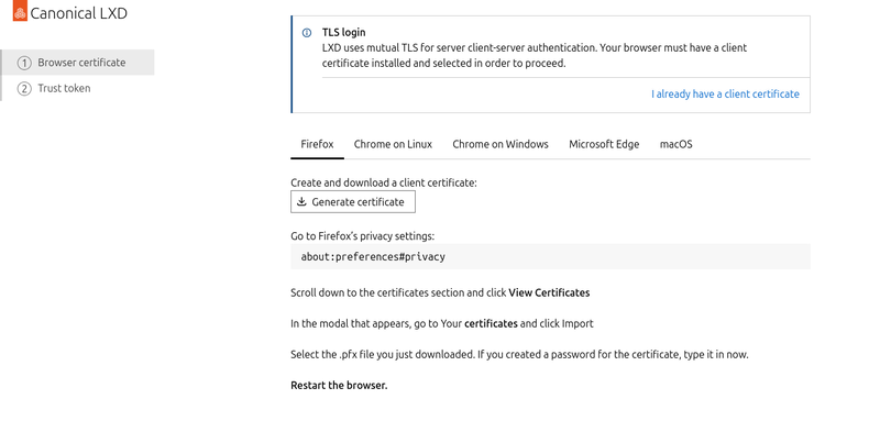 最初に表示される画面。ここで証明書を生成する