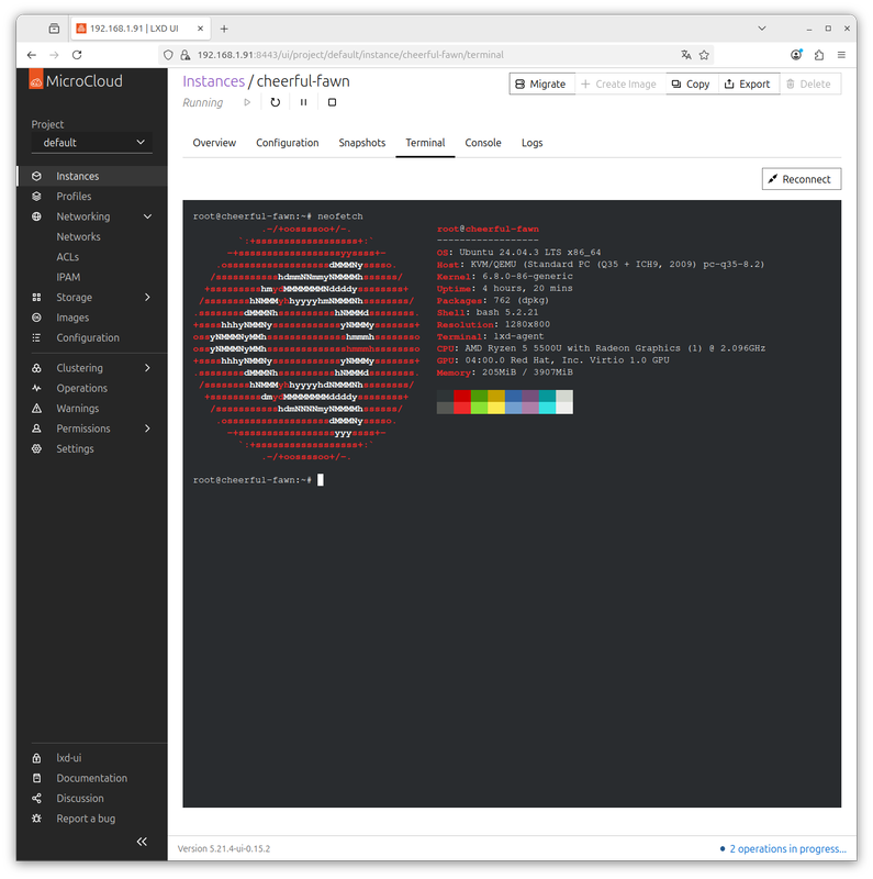 MicroCloudでUbuntuを起動して、ターミナルをWebから操作している例