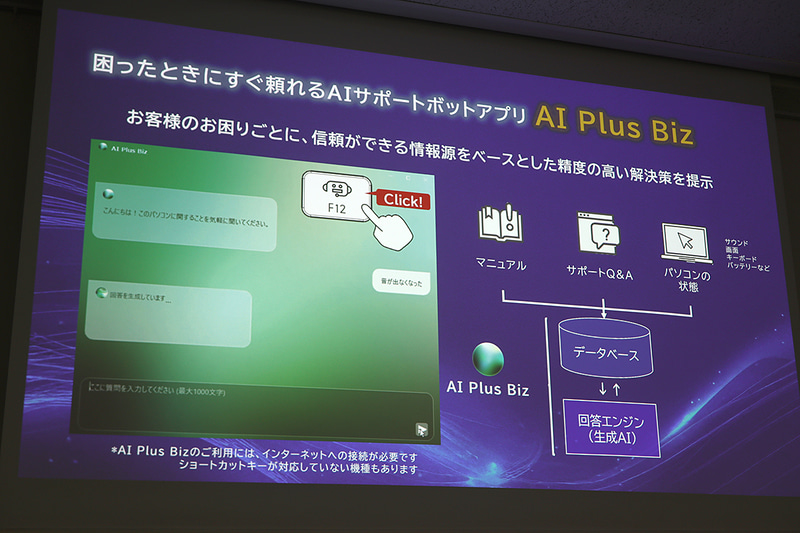AI Plus Bizの特徴や、開発逸話の紹介。汎用AIには真似できない、機種ごとの症状に適した回答を行なうのがAI Plus Bizの特徴だ
