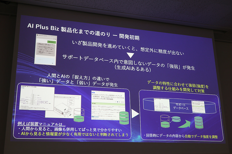 AI Plus Bizの特徴や、開発逸話の紹介。汎用AIには真似できない、機種ごとの症状に適した回答を行なうのがAI Plus Bizの特徴だ