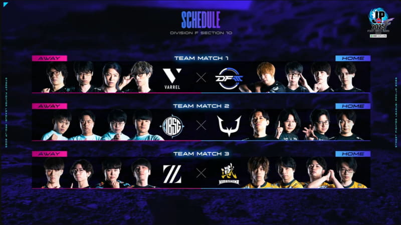 本日のDivision Fのマッチングは、MATCH1がVARREL vs DetonatioN FocusMe、MATCH2がFUKUSHIMA IBUSHIGIN vs REJECT、MATCH3がZETA DIVISION Geekly vs 広島 TEAM iXAの3試合