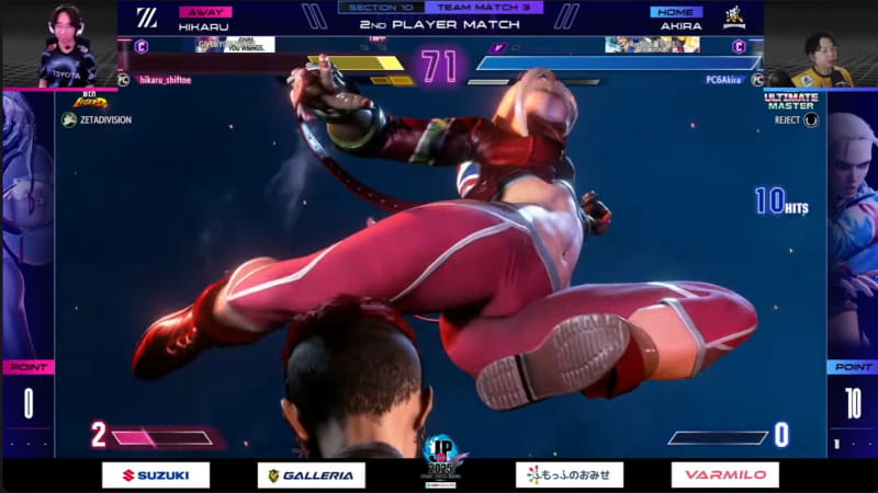 中堅戦はひかるのA.K.I.とあきらのキャミィの1戦だが、ここはあきらのキャミィが万全のA.K.I.対策を見せて先制