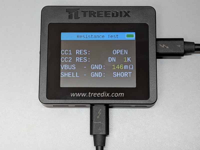 3番目の画面は抵抗のテストで、プルアップ/プルダウン抵抗の測定のほか、内部の抵抗値、およびシェルの接地状態を確認できる