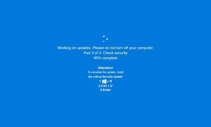 表示される偽のWindows Update画面(出典: <a href="https://www.acronis.com/en/tru/posts/fake-adult-websites-pop-realistic-windows-update-screen-to-deliver-stealers-via-clickfix/" class="n" target="_blank">Acronis</a>)