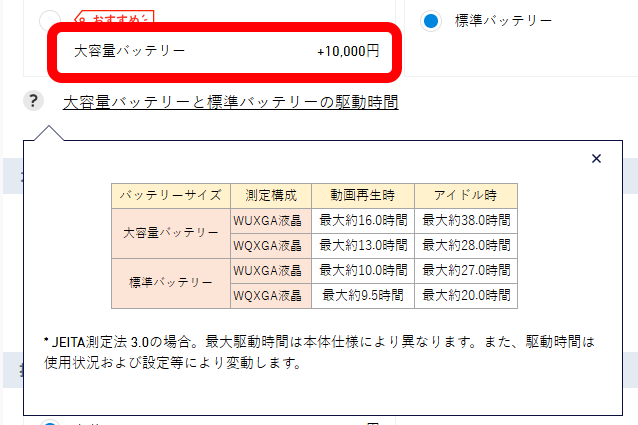 オプションの「大容量バッテリー」。プラス1万円で用意されている。消費電力の大きな5G通信を多用するといったヘビーなモバイルユーザーは必須だろう