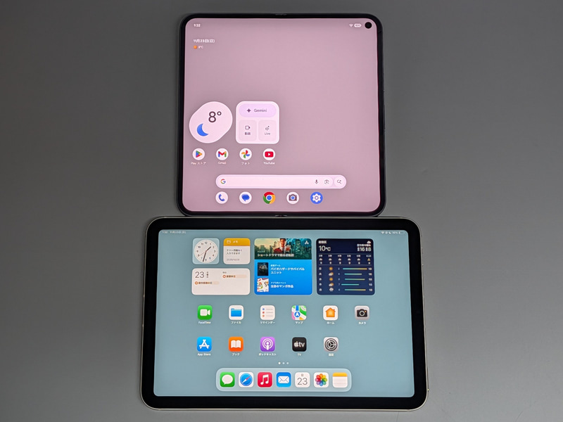 8.3型のiPad mini(下)との比較。画面サイズは近いがアスペクト比がまったく異なる