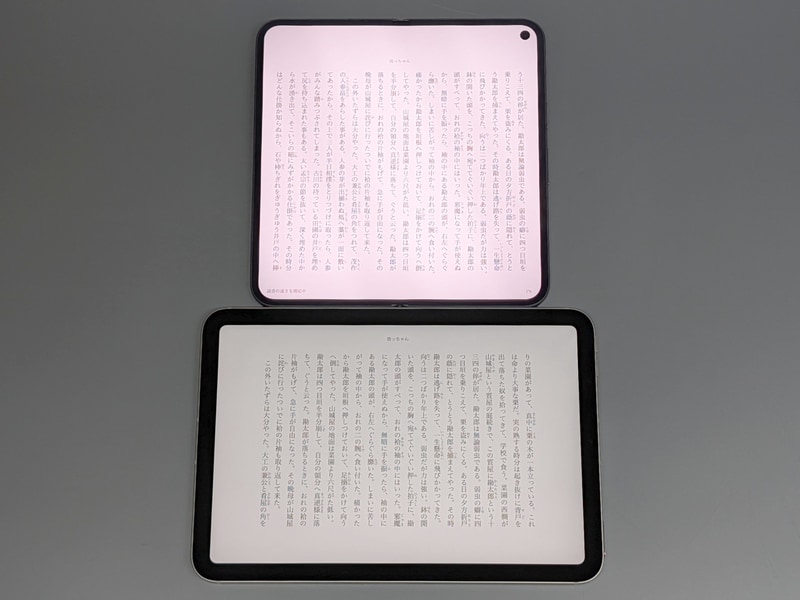 8.3型のiPad mini(下)と比較したところ。好みはあるだろうが筆者は本製品(上)のほうがバランス的に読みやすいと感じた