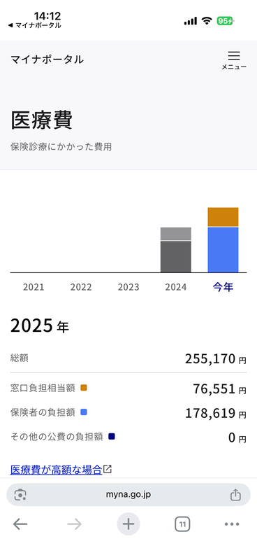 年間、月に医療費をどのくらい支払ったか、マイナポータルで確認できる