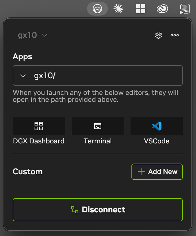 NVIDIA Sync。ここからGX10のDGX Dashboard、Terminal、VSCodeにアクセスできる(追加も可能)