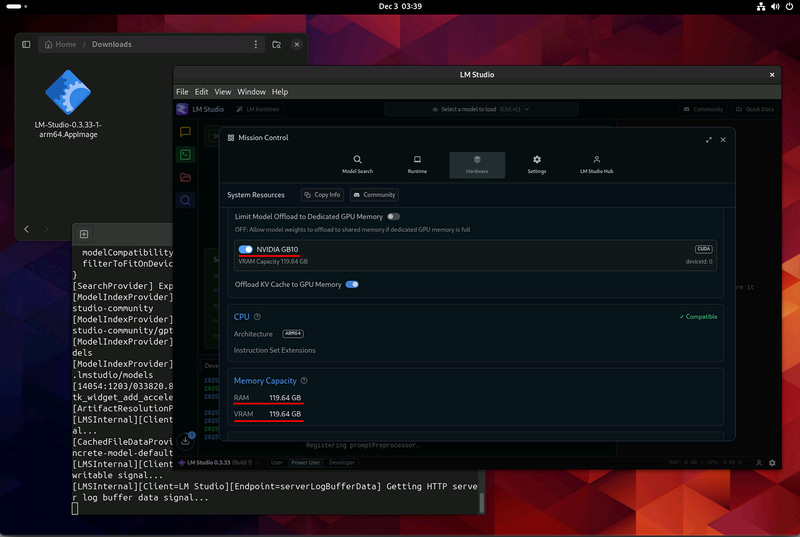 LM Studio起動。GPUはNVIDIA GB10。メモリとVRAMは119.64GBと認識