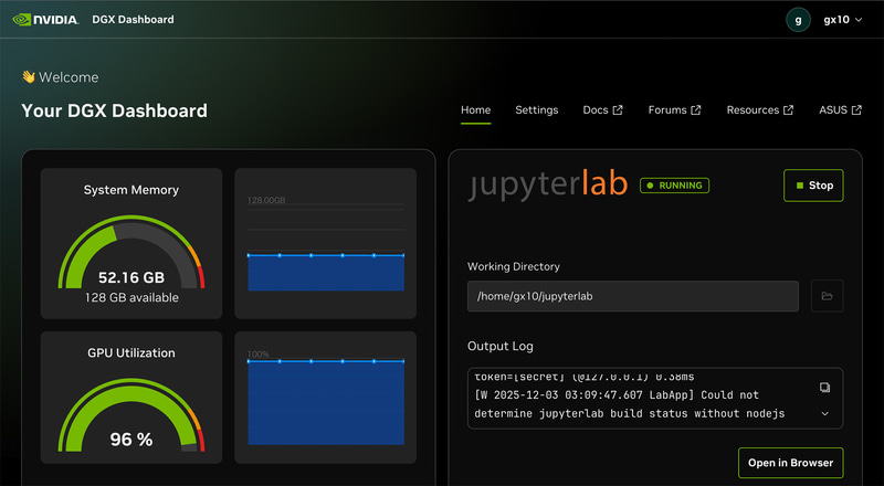 学習中のDGX Dashboard。メモリは52GBほど使用(メモリ+VRAM)。GPUもフルに動いている