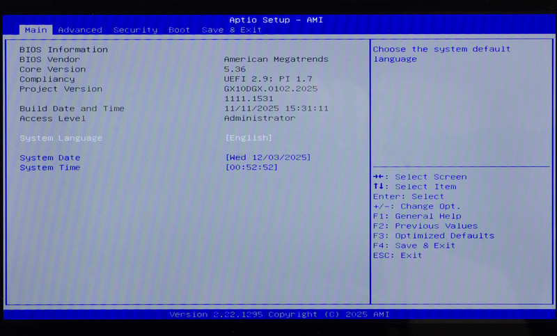 BIOS / Main。自動時[DEL]キーで表示