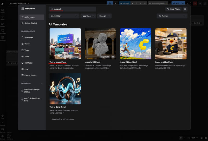 テンプレートの検索枠へ“Subgraph”。Text to imageを選択