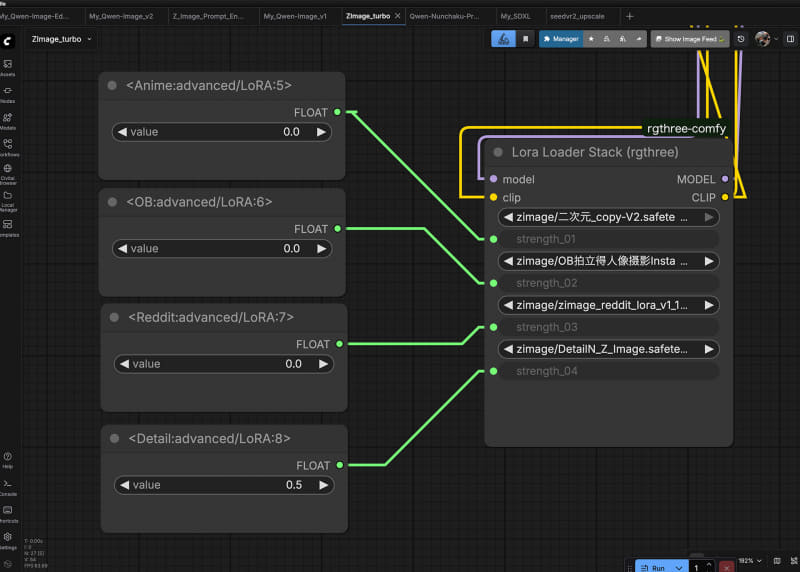 Lora Loader Stack (rgthree)で、普段使うLoRAを並べ、strengthにComfy CoreのPrimitive属性FLOATを接続、使わないものは0として切り替え