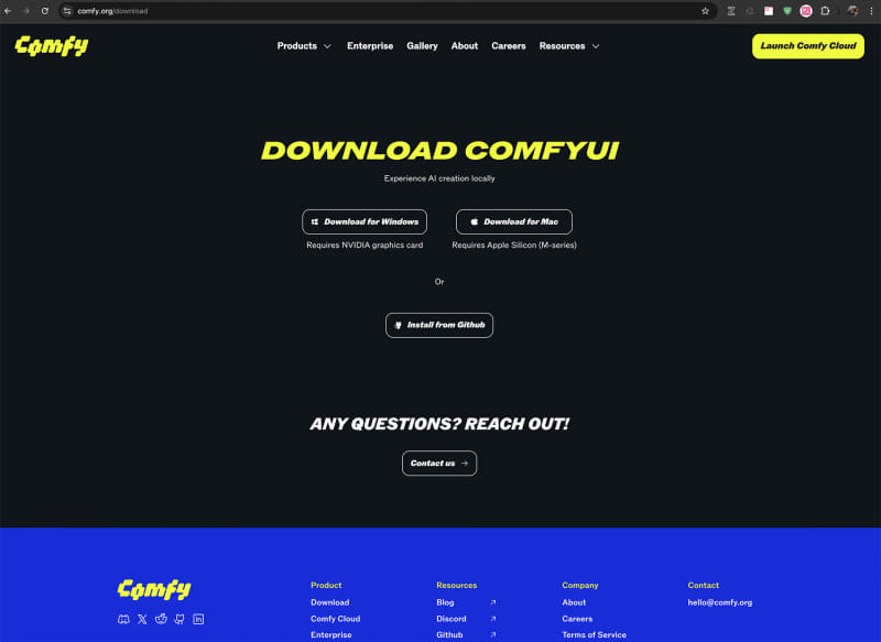 ComfyUI Desktopのダウンロードページ