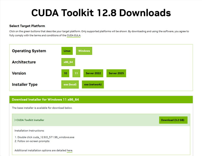 CUDAでの処理を行なうためにCUDA Toolkit 12.8も導入する
