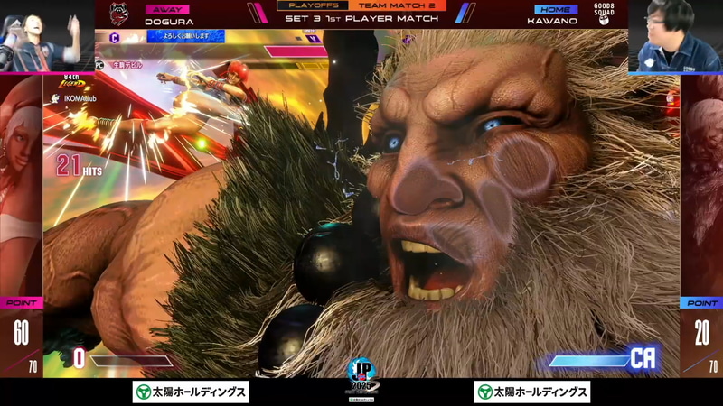 3巡目の先鋒戦、カワノの豪鬼とどぐらのエレナの1戦はギリギリの接戦をどぐらが制して勝利！70ポイントに到達して、Crazy Raccoonがグランドファイナル進出を決めた！