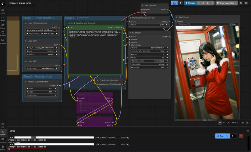 Z-Image-Turbo。fp8_e4m3fn_fast。9 steps。8.30秒