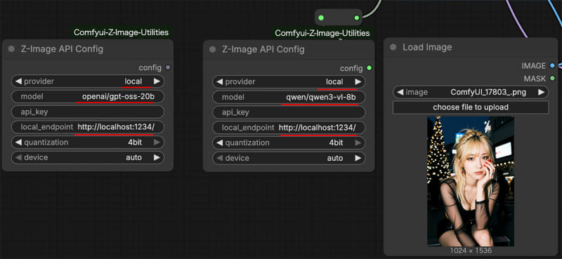 LLM/VLLM設定部分の拡大。どちらを使うか? をreroute(中央のタップ)で切り替える。上記Workflowにあるように、使わない方はバイパスしておく