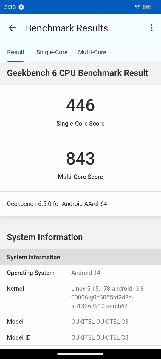 「Geekbench 6.5.0」のMulti-Core Scoreは843、Single-Core Scoreは446