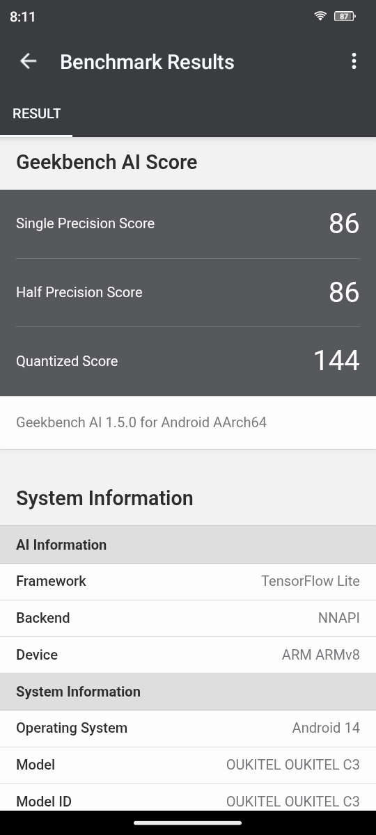 「Geekbench AI 1.5.0」のSingle Precision Scoreは86、Half Precision Scoreは86、Quantized Scoreは144