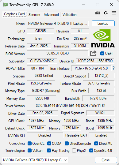 NVIDIAの準ハイエンドGPU「GeForce RTX 5070 Ti Laptop GPU」。専用VRAMとして12GBのGDDR7メモリを搭載