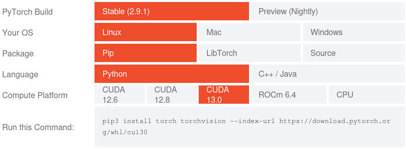 PyTorchのインストールコマンドが表示される