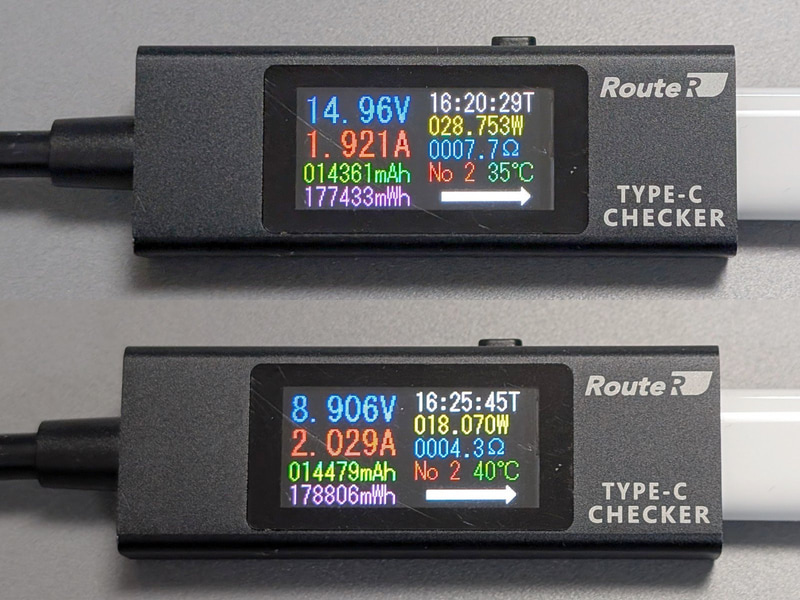 Qi2 25Wに対応したApple純正MagSafe充電器での充電速度。iPhone(上)が28W前後、Pixel(下)が18W前後。ちょっとした有線並みだ