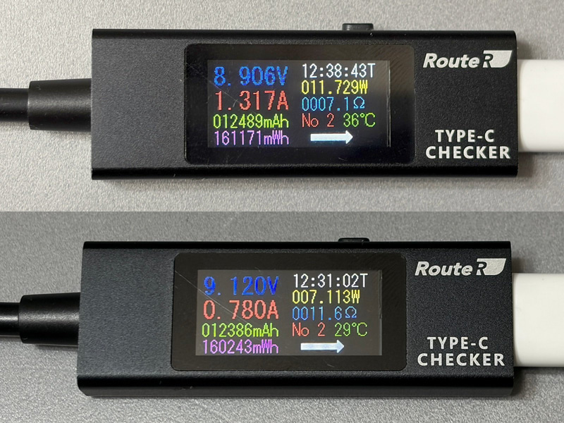 Apple純正のMagSafe充電器(旧型)での充電速度。iPhone(上)が11W前後、Pixel(下)が7W前後とかなり控えめ。Qi2 25W対応充電器を選んだほうがよいだろう