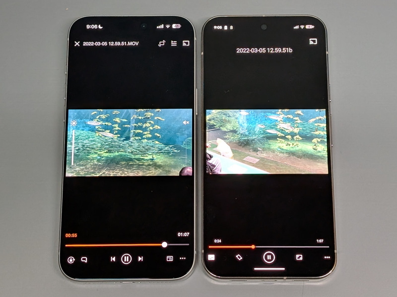 約1分のローカル動画を12時間に渡ってリピート再生するテストを行なったところ、iPhoneが残り41%、Pixelは残り4%(バッテリセーバーオフ)とかなり極端な差がついた