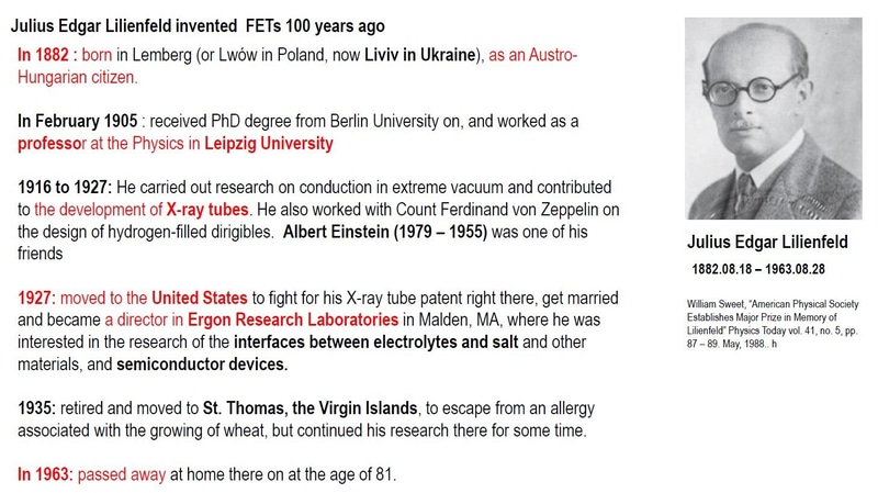 FETの考案者、ユリウス・E・リリエンフェルト(Julius Edgar Lilienfeld)(右上)の生涯略年譜。2025年12月9日に開催されたIEDM昼食会の招待講演で岩井氏が示したスライドから