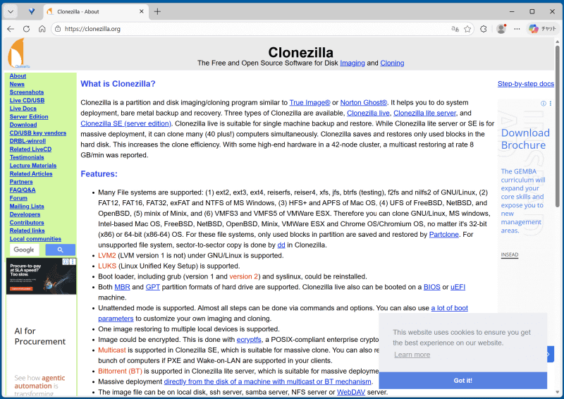 ClonezillaのWebサイトの左にある「Download」をクリック