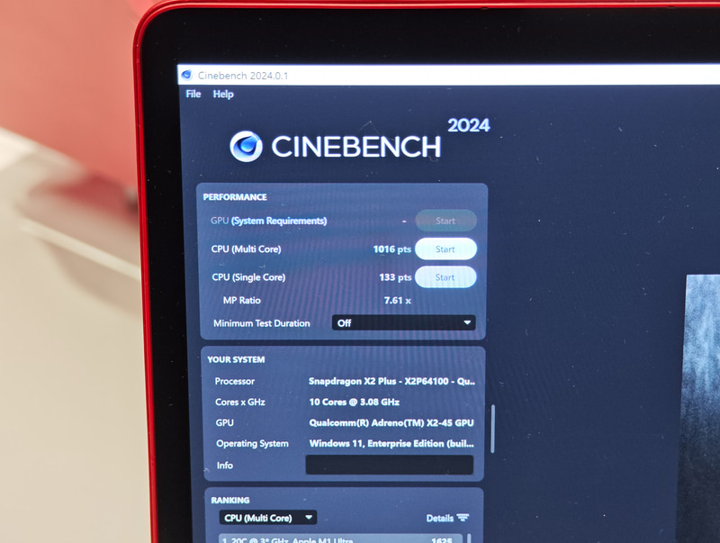 Cinebench 2024の結果。シングルスレッドが133で、マルチスレッドは1016。