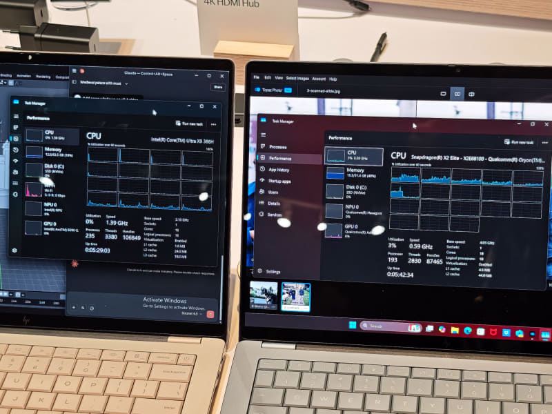 Intel版(左)には現時点ではIntelから未発表のCore Ultra X9 388Hが搭載され、Qualcomm版(右)ではX2E-88-100が搭載されていたが、製品ではX2E-90-100が搭載される