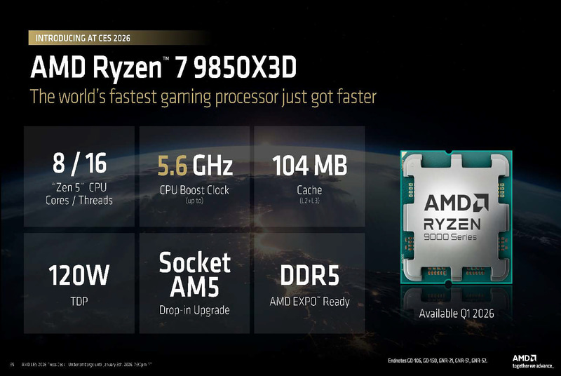 Ryzen 7 9850X3Dが発表される(出典: LEADING THE AI PC AND GAMING、AMD)