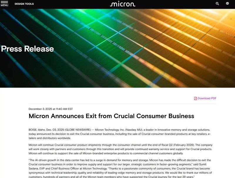 AIデータセンター需要でメモリが高騰。Micronが個人向けブランドCrucialを撤退する事態に