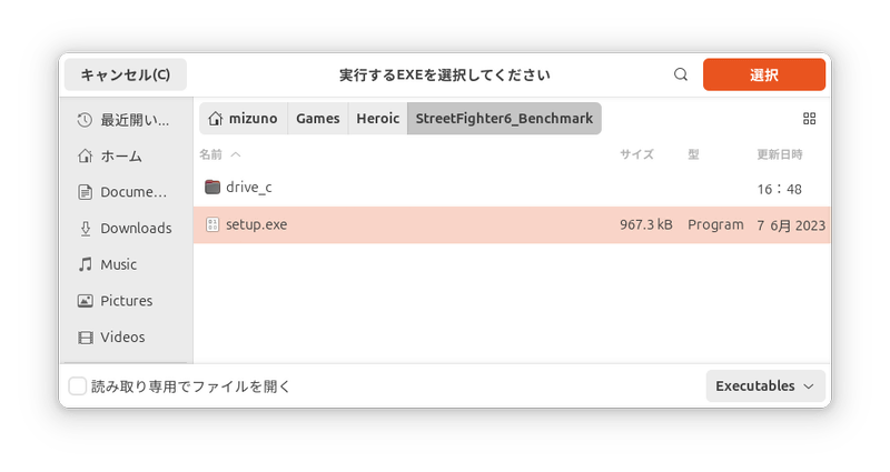 setup.exeを指定する