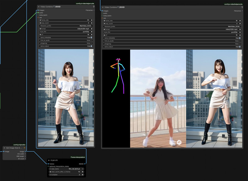 右3つは16fpsなので動きがガタつく。左側1つはFILM VFIを使い30fpsへ。またAudioも入れ完成版とした