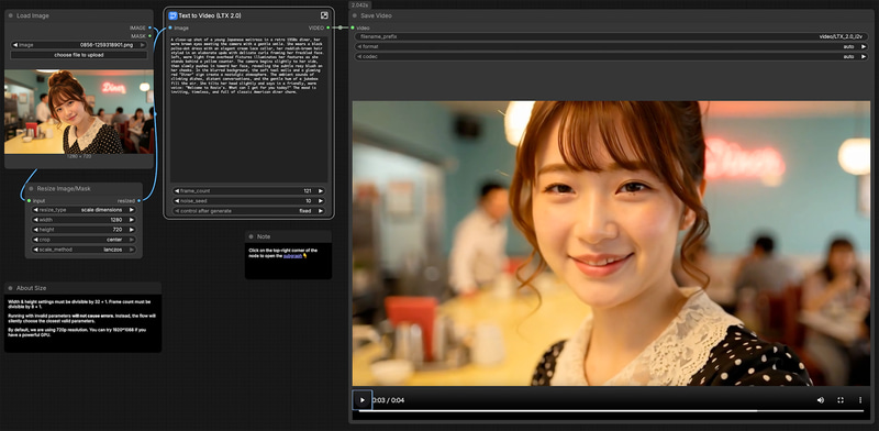 LTX-2 i2v。Promptで”Welcome to Rosie's. What can I get for you today?”と指示