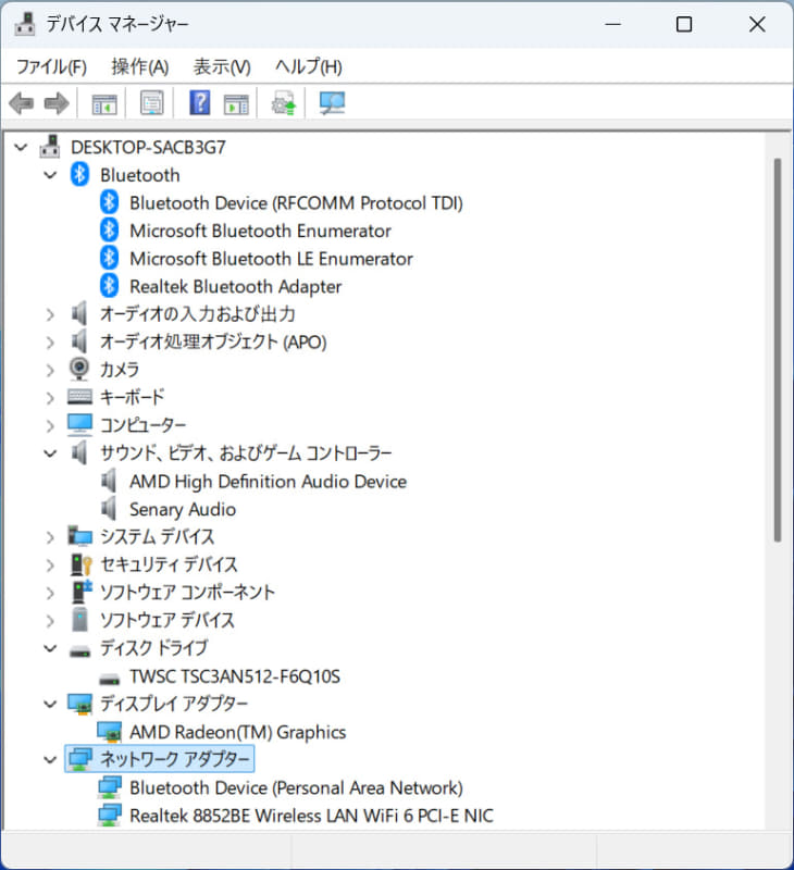 デバイスマネージャー/主要なデバイス。ストレージは512GBの「TWSC TSC3AN512-F6Q10S」。Wi-FiはRealtek 8852BE、BluetoothもRealtek製