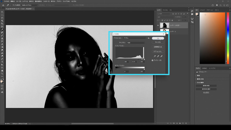 Ctrl(Mac: Command)+Lでレベル補正を表示し、肌の光部分だけが白くなるように調整します