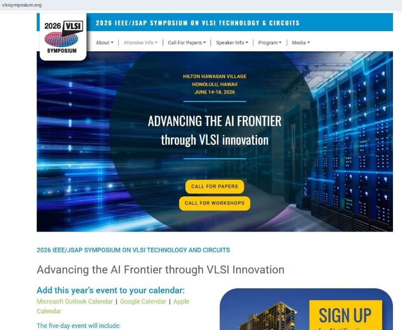 VLSIシンポジウムの公式Webサイト(https://www.vlsisymposium.org/)。トップページの一部を抜粋したもの(2026年1月12日時点)。同シンポジウムは2026年6月14日～18日に米国ハワイ州のホノルルで開催される