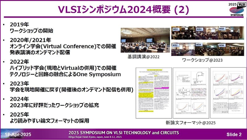 最近のVLSIシンポジウムの歩み(2019年～2025年)。2025年4月18日に東京で開催された報道関係者向け説明会のスライドから。なおスライドのタイトルに「2024」とあるのは誤りで、「2025」が正しい