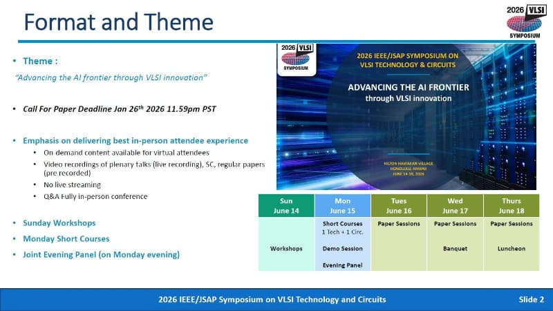 2026 VLSIの開催概要(左)と主要日程(右下)。2025年12月8日の夕方にIEDMのプレスルームで開催された、報道関係者向け説明会のスライドから