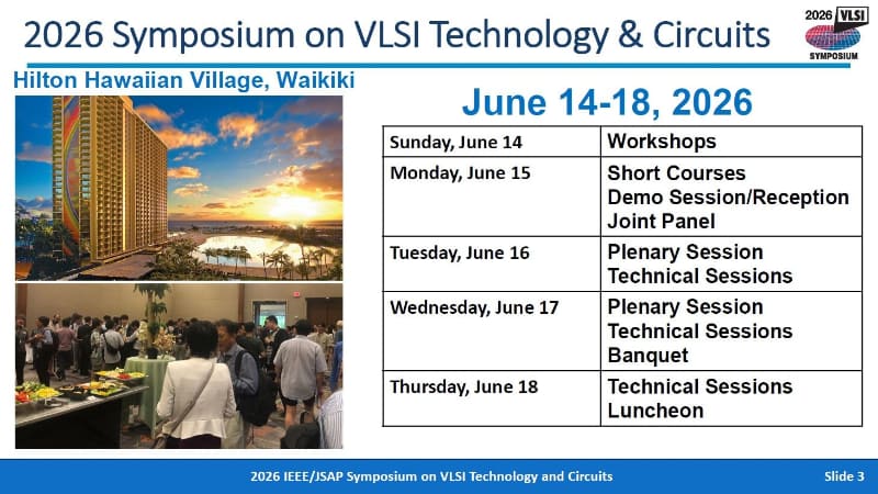 会場ホテルHilton Hawaiian Villageのイメージ(左上)とレセプションの様子(左下)、基本日程(右)。2025年12月8日の夕方にIEDMのプレスルームで開催された、報道関係者向け説明会のスライドから