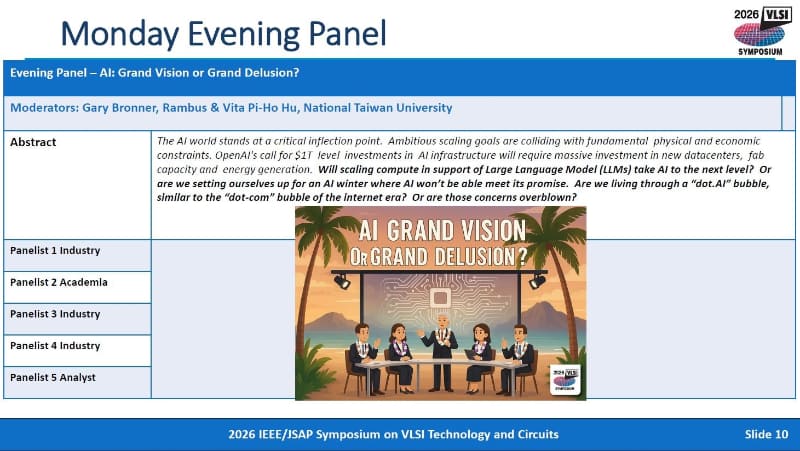 6月15日夜のパネル討論会。討論のテーマは「AI: Grand Vision or Grand Delusion?(AI: 壮大な構想、それとも壮大な妄想？)」とやや皮肉を効かせている。2025年12月8日の夕方にIEDMのプレスルームで開催された、報道関係者向け説明会のスライドから