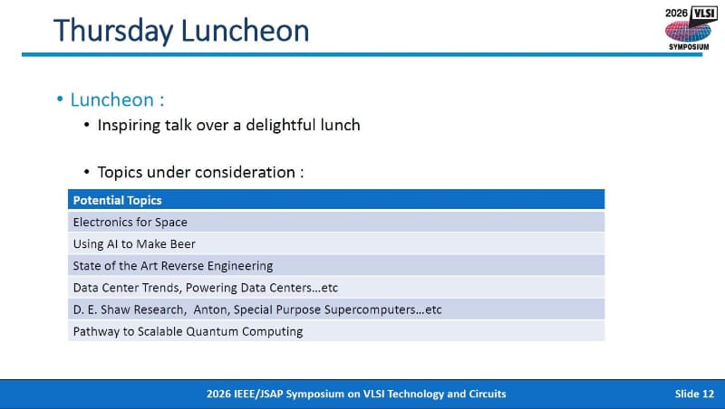 6月18日昼のランチョン(昼食と講演)。講演テーマは現在、検討中だとする。2025年12月8日の夕方にIEDMのプレスルームで開催された、報道関係者向け説明会のスライドから