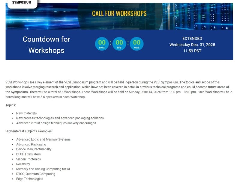 6月14日に開催されるワークショップの投稿募集概要(2026 VLSIの公式Webサイトから筆者が抜粋)。なお2025年12月8日時点では投稿締め切りが12月15日となっていた。その後、12月31日に延長された