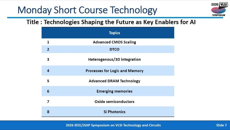 6月15日に開催されるショートコース(デバイス/プロセス技術分野)の講演テーマ。2025年12月8日の夕方にIEDMのプレスルームで開催された、報道関係者向け説明会のスライドから
